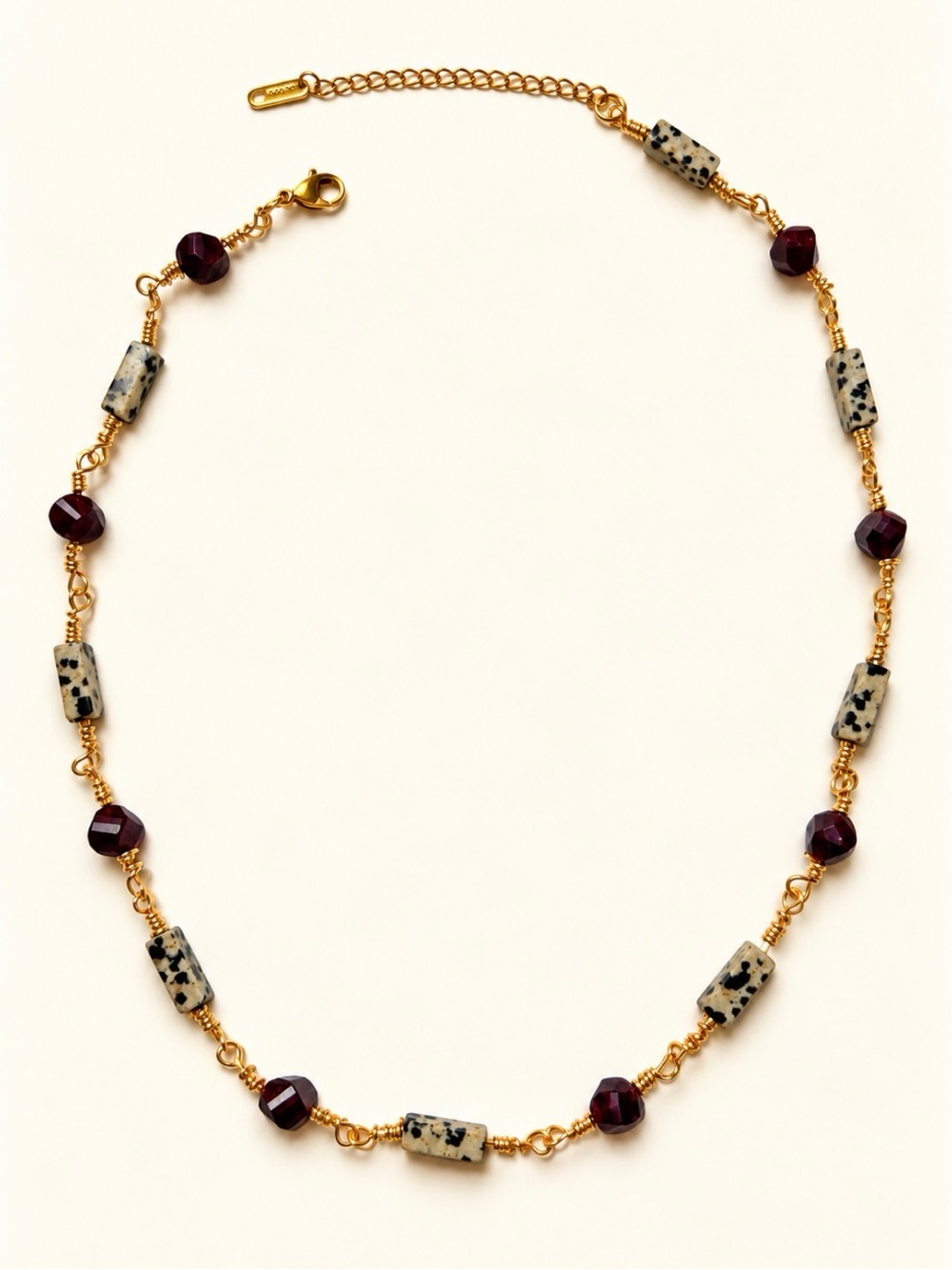 Handmade 18 in Gold-Tone Necklace with Dalmatian Jasper and Garnet-Colored Beads